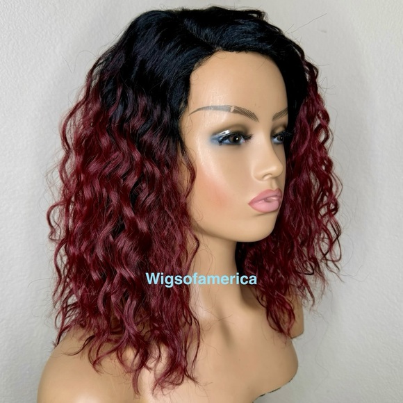Bob wig Red burgundy wig ombré black side part 14 inches - Picture 3 of 7